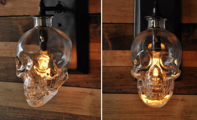 The Skull Wall Sconce Is Made from an Old Crystal Head Vodka Bottle