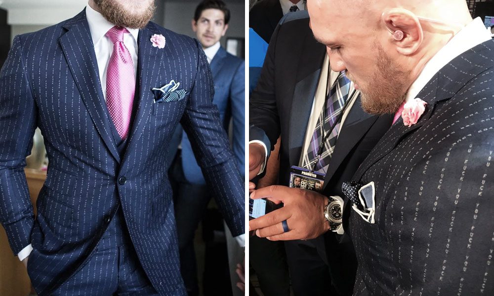 Conor McGregor Wears a Pinstripe ‘F*ck You’ Suit to First Press Conference