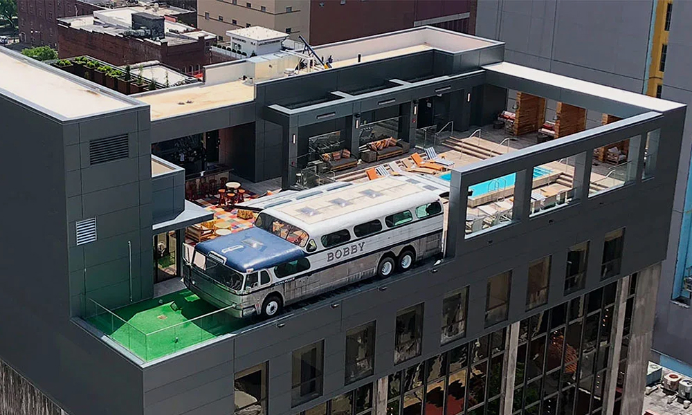 The Bobby Hotel in Nashville Has a Custom Greyhound Bus on the Roof