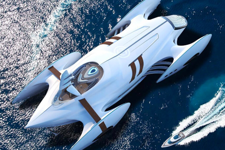 'Decadence' Catamaran Resembles a Rocket Ship on Water Boosted by Inflatable Wing Sails
