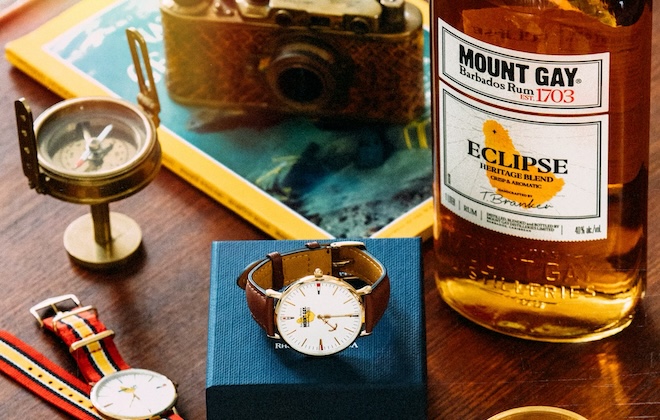 mount gay watch with bottle of rum