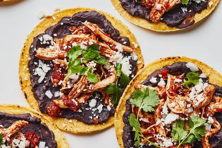 Chicken Tinga Tostadas With Bacony Black Beans