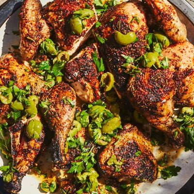 Butterflied Chicken With Herbs and Cracked Olives