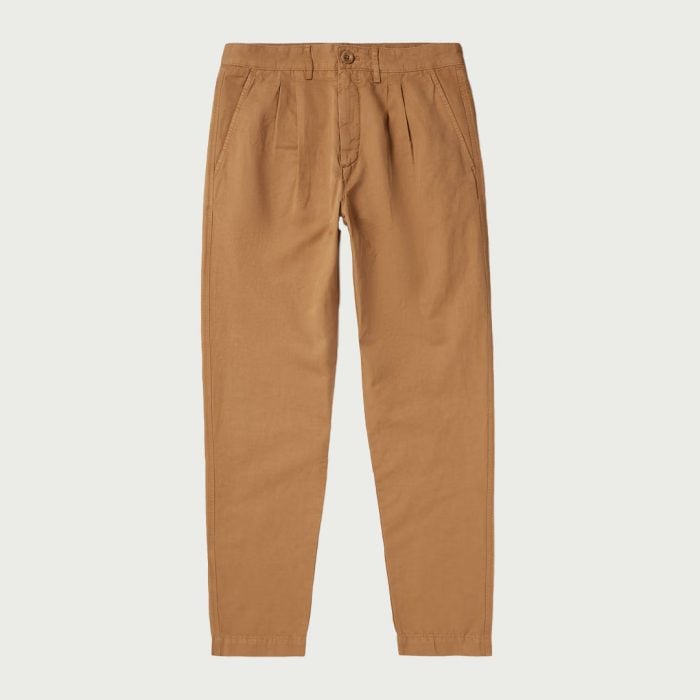 Straight-Leg-Pleated-Garment-Dyed-Cotton-and-Linen-Blend-Twill-Trousers