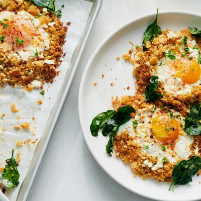 Sheet-Pan Eggs With Croissant Bread Crumbs