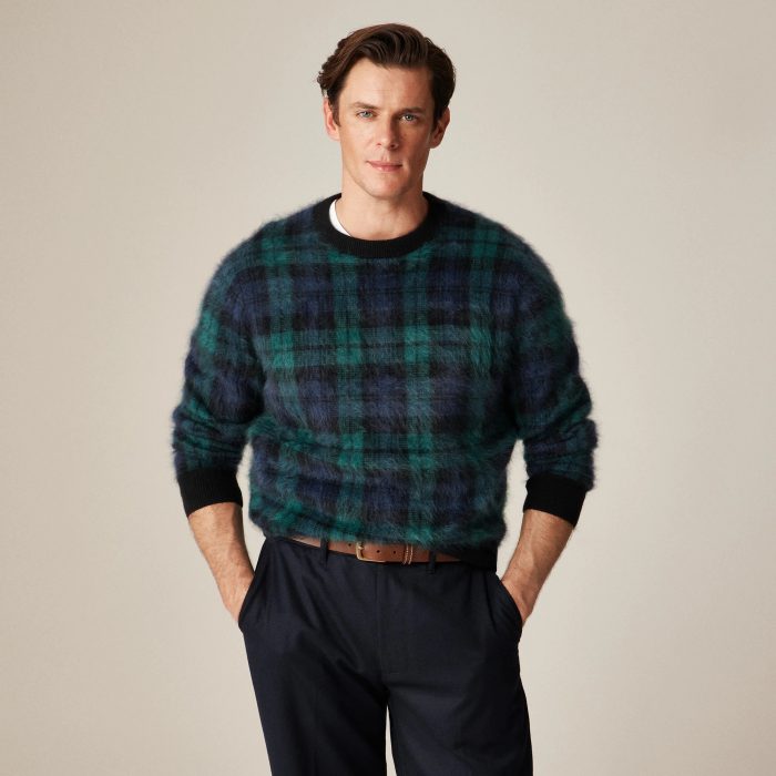 J. Crew Brushed Cashmere Sweater in Black Watch Tartan
