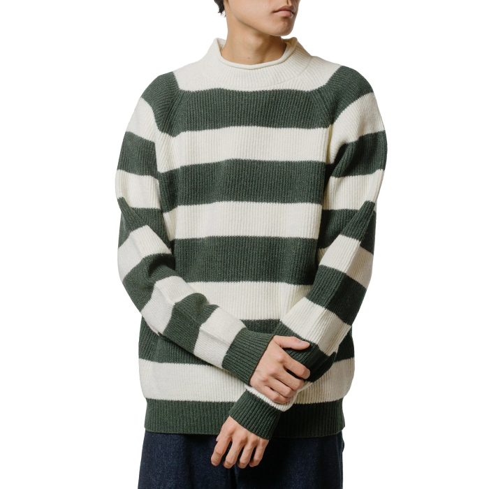 Beams Plus Hi-Neck Rib Stitch Stripe White